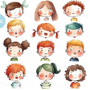 Conjunto de caras de niños de dibujos animados lindos de acuarela con diferentes emociones, imágenes prediseñadas PNG para niños, descarga digital instantánea