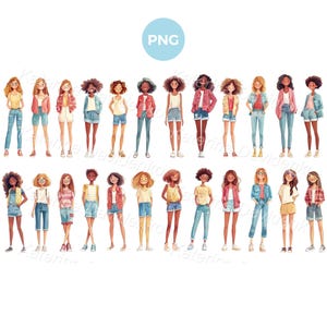 Cute cartoon teenager girls clipart set, isolated characters, teens PNG clipart, teen girls illustration, young people standing in a row