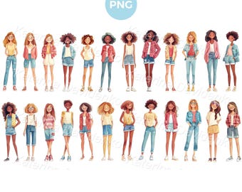 Cute cartoon teenager girls clipart set, isolated characters, teens PNG clipart, teen girls illustration, young people standing in a row
