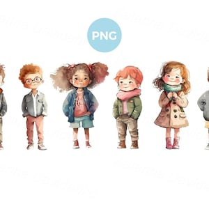Niños pequeños de dibujos animados de pie en fila, imágenes prediseñadas PNG, niños sonrientes de acuarela con ropa casual de otoño, niños y niñas en edad preescolar aislados