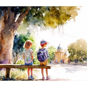 Watercolor painting of city park - printable digital art - Boy and girl on a bench in the park.