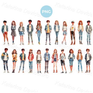 Conjunto de imágenes prediseñadas de adolescentes, personajes de dibujos animados aislados, imágenes prediseñadas de acuarela de adolescentes png, imágenes prediseñadas de niñas y niños adolescentes, jóvenes parados en fila