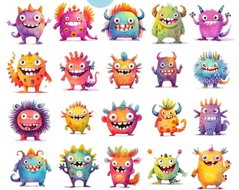 Cute Monster Characters Clipart, Colorful Cartoon Creatures Set