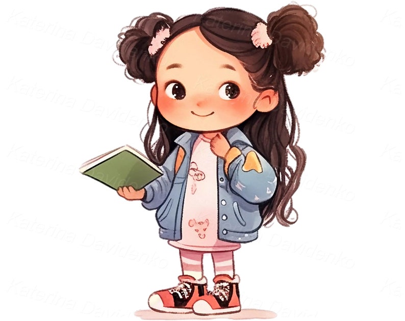 May include: A cartoon illustration of a young girl with long brown hair wearing a blue denim jacket, a pink shirt, and white striped tights. She is holding a green book and has a happy expression on her face.