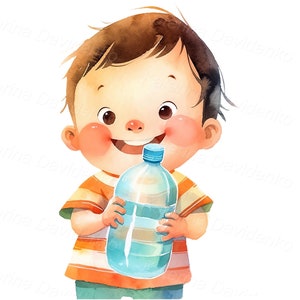 May include: A watercolor illustration of a child holding a blue plastic water bottle. The child is smiling and has brown hair and rosy cheeks. The child is wearing an orange and white striped shirt.