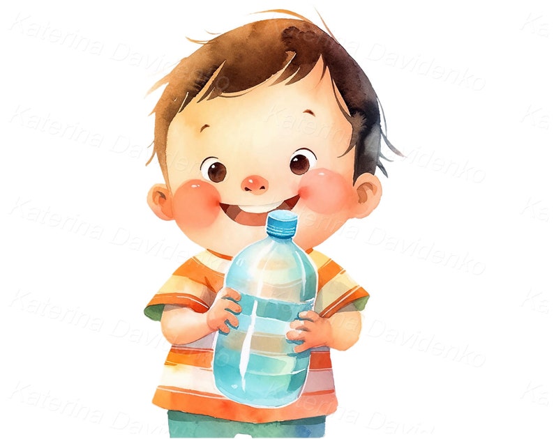 May include: A watercolor illustration of a child holding a blue plastic water bottle. The child is smiling and has brown hair and rosy cheeks. The child is wearing an orange and white striped shirt.