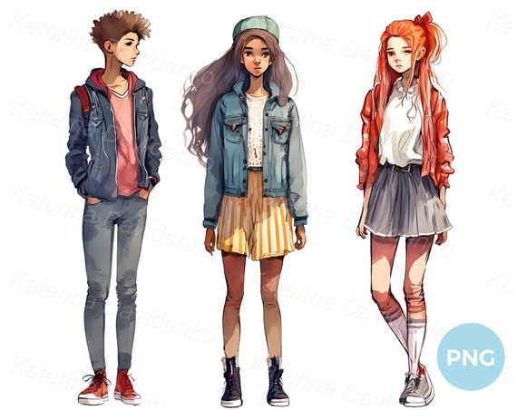 Fashion Teenagers Standing in a Row. Stylish Young People in Casual Clothes.  Watercolor Cartoon Teen PNG Clipart, Digital Download -  Hong Kong