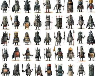 May include: A series of illustrated figures, reminiscent of medieval knights, each with a unique design. They feature diverse armour, helmets, and weaponry, in a muted palette of greys, blacks, and gold accents. The figures are standing upright.