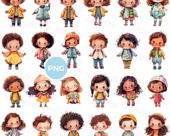 Cute cartoon little kids clipart. Isolated preschool children watercolor illustration, kindergarten kids standing at full height, boys girls