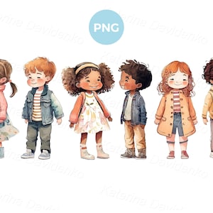 Fröhliche Comic Kinder Cliparts. Niedliche Mädchen und Jungen in einer Reihe stehen. Aquarell Illustration glücklicher Kinder Clipart