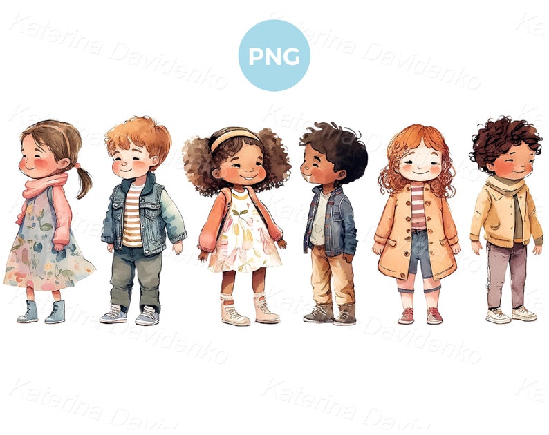 Smiling Little Cartoon Kids Clipart. Cute Girls and Boys Standing in a ...