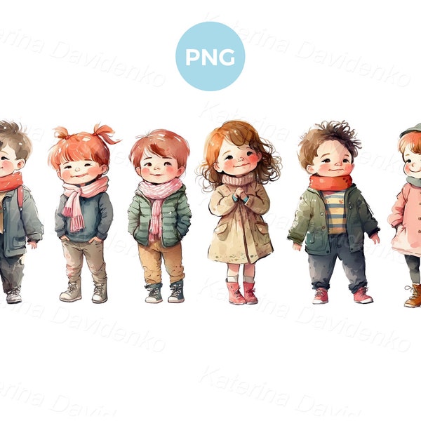 Children in winter casual clothes standing in a row, isolated watercolor little kids PNG clipart set, cartoon boys and girls