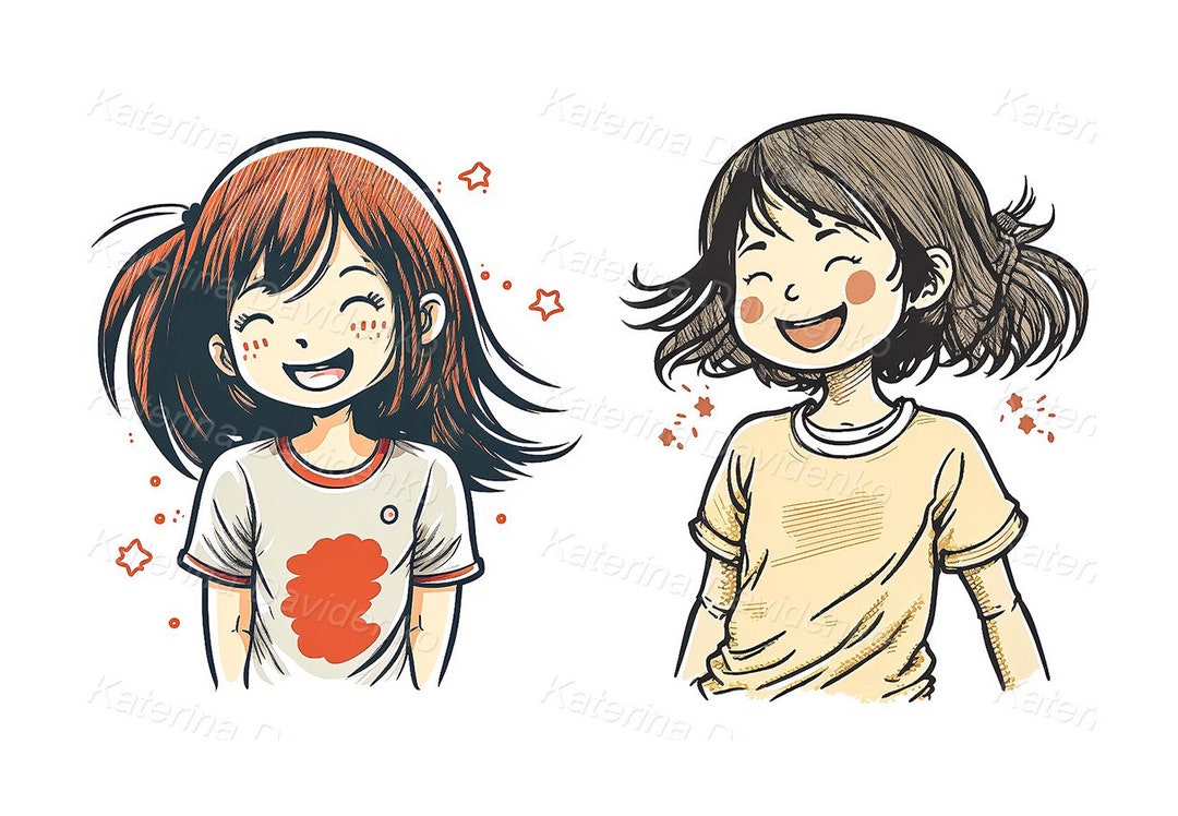 Cartoon Drawing Laughing Teen Girls, Isolated on White Background. Portrait  of Happy Girls, Sketch, Digital Illustration, Instant Download - Etsy, image size:1080x748