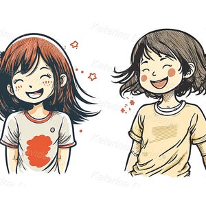 Cartoon drawing laughing teen girls, isolated on white background. Portrait of happy girls, sketch, digital illustration, instant download