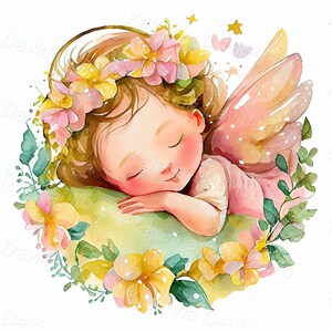 Sleeping Little Fairy Clipart Set. Cute Watercolor Pictures of Fairy ...