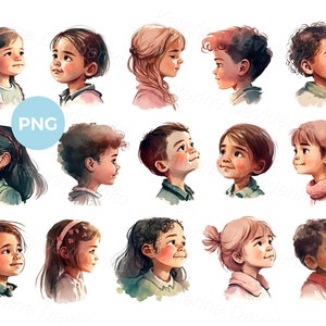 Colección de lindas caras de niños PNG clipart, retratos de niños y niñas de perfil, niños que llaman la atención, descarga instantánea de avatar clipart