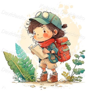 Digitales Aquarellgemälde eines süßen kleinen Reisenden mit Rucksack und Karte. Cartoon-Kind-Clipart-Illustration.