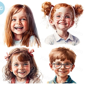 Visages d'enfants heureux réalistes Illustrations PNG de garçons et de filles, aquarelle de garçons et de filles, images d'enfants souriants