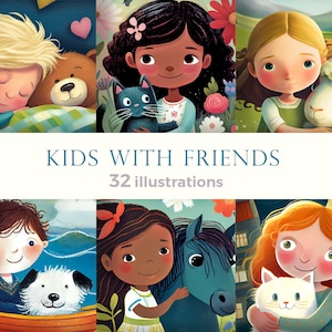 Coleção de ilustrações para livro infantil. Desenhos animados de crianças pequenas com seus amigos como animais de estimação, animais de fazenda, monstros fofos e brinquedos