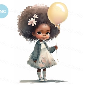 Cute cartoon little girl in a beautiful dress is holding a balloon. PNG clipart. Watercolor painting. Nursery art.