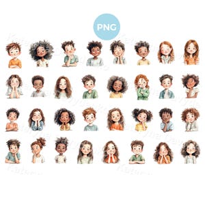 Puede incluir: Ilustraciones en acuarela de rostros de niños diversos, cada uno con peinados y expresiones únicas. Los niños están representados con diferentes tonos de piel y ropa, creando un diseño alegre e inclusivo. Un gráfico PNG está en el centro superior.