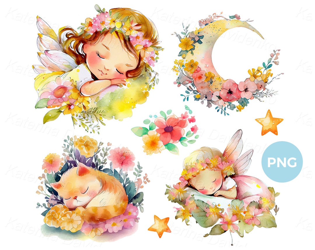 Cute Cartoon Sleeping Little Fairy PNG Clipart Set Watercolor Design ...