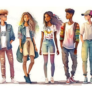 Watercolor illustration of a group of teenagers standing in a row. Young people in casual clothes. Teen clipart, digital download.
