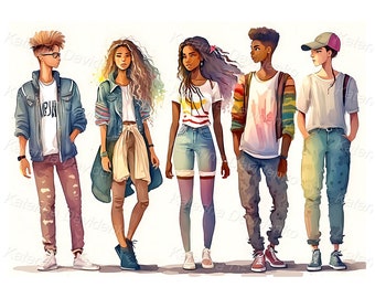 Watercolor illustration of a group of teenagers standing in a row. Young people in casual clothes. Teen clipart, digital download.
