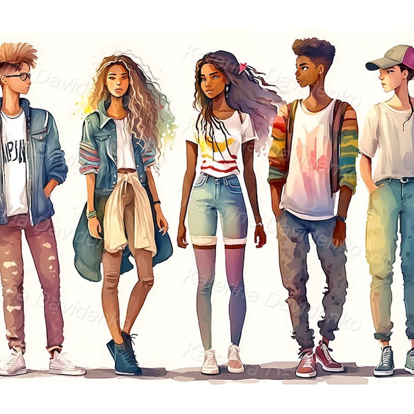 Watercolor illustration of a group of teenagers standing in a row. Young people in casual clothes. Teen clipart, digital download.