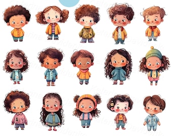 Happy cartoon kids standing clipart. Transparent PNG children watercolor illustrations, children standing at full height. Funny characters
