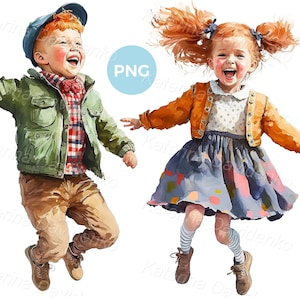 Children PNG clipart. Happy kids jumping with joy, boy and girl clipart, watercolor digital illustration for download