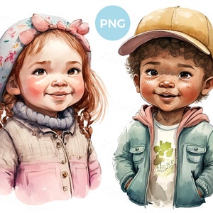 Watercolor painting, portrait of happy little children, boy and girl faces, PNG clipart. Kids in warm clothes, digital instant download