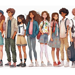 Grupo de adolescentes de dibujos animados con estilo, de pie juntos, aislados sobre fondo blanco. Retrato en acuarela. Descarga digital.