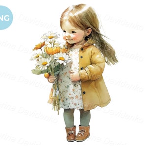 Bambina con un mazzo di camomilla. Clipart PNG per bambini. Dipinto ad acquerello per la stampa. Download digitale di arte per bambini. Bambina con fiori