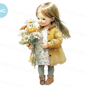 Little girl with a bouquet of chamomile. Kid PNG clipart. Watercolor painting for printing. Nursery art digital download. Child with flowers