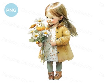 Little girl with a bouquet of chamomile. Kid PNG clipart. Watercolor painting for printing. Nursery art digital download. Child with flowers