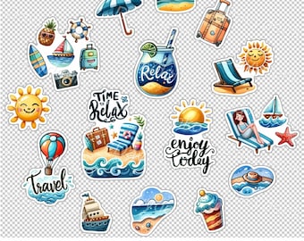 Summer Travel Stickers PNG, Vacation Beach Clipart Set