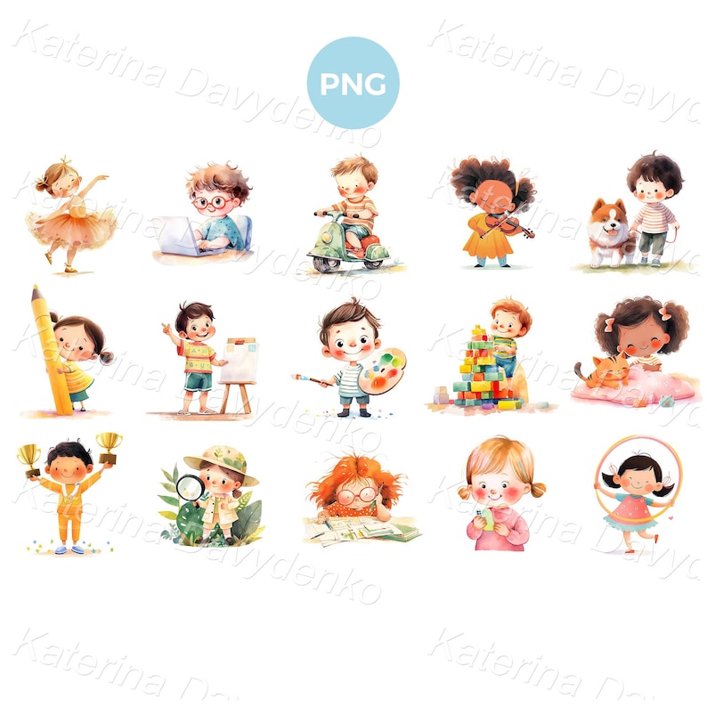 May include: A set of 12 watercolor illustrations featuring children engaged in various activities. The illustrations depict children playing music, riding a scooter, painting, playing with blocks, reading, playing with a cat, playing with a hoop, and more.