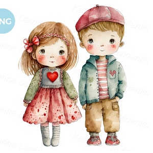 Aquarela crianças clipart. Bonito menino e menina de desenho animado. Pintura em aquarela para crianças para impressão. Crianças fofas em pé juntas. Arte de berçário