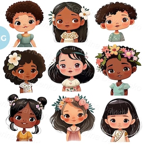 Set of PNG cartoon girls faces clipart, children avatars, kids faces clipart, digital download