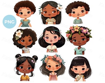 Set of PNG cartoon girls faces clipart, children avatars, kids faces clipart, digital download