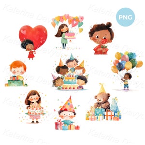 Cartoon kinderen met verjaardagstaart clipart set, kinderen met cadeaus en ballonnen illustraties. Geïsoleerde aquarelkinderen met dingen voor verjaardagsfeestjes