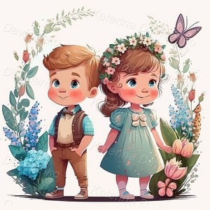 Kids clipart, children illustration. Cute little boy and girl, white background with flowers and butterflies. Printable cartoon illustration