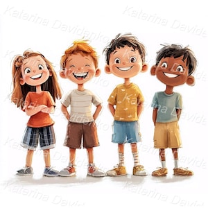 Dibujos animados de niños felices de pie en fila. Clipart de niños riendo