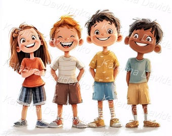 Cartoon happy kids standing in a row. Laughing children clipart