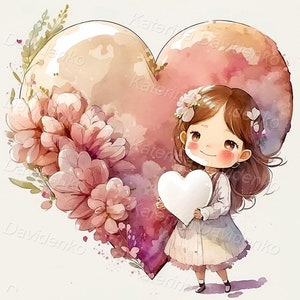 Mignonne petite fille tenant un coeur sur fond de coeur de fleurs. Illustration aquarelle. Clipart enfants. Design romantique pour carte de voeux.