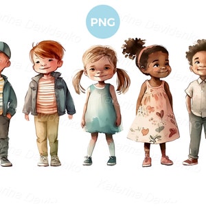 Conjunto de niños y niñas felices de dibujos animados de diferentes nacionalidades parados en fila, imágenes prediseñadas de niños PNG, ilustración de niños en acuarela