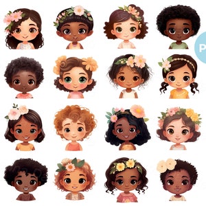 Cartoon girl faces clipart, happy little kids avatars, funny children icons, kids PNG clipart, digital download
