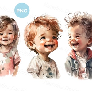 Trois visages riants heureux d'un mignon bébé garçons et fille, aquarelle enfants PNG clipart, illustration pour enfants, téléchargement numérique