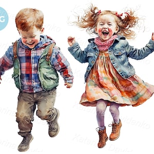 Kids PNG clipart. Boy and girl jumping with joy, funny children clipart, autumn clothes, watercolor illustration, digital download
